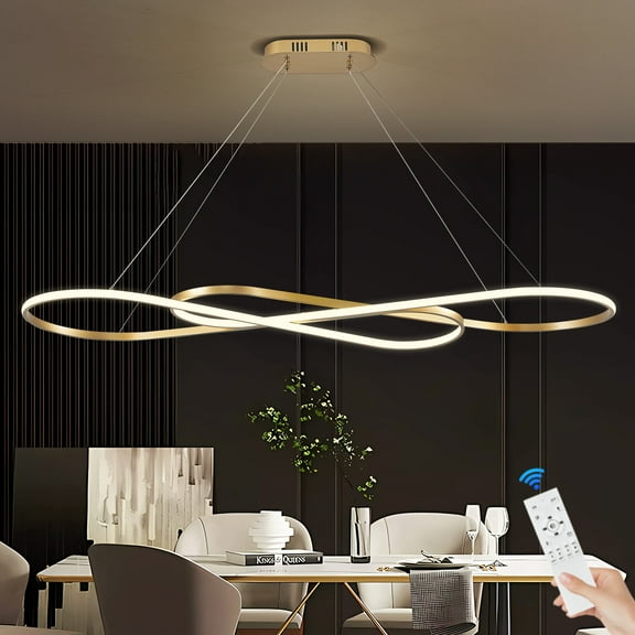 56" Long Modern LED Chandelier for Kitchen Island Remote Control Gold Dimmable LED Pendant Light for Dining Room Light Fixture Over Table Modern Kitchen Island Lighting
