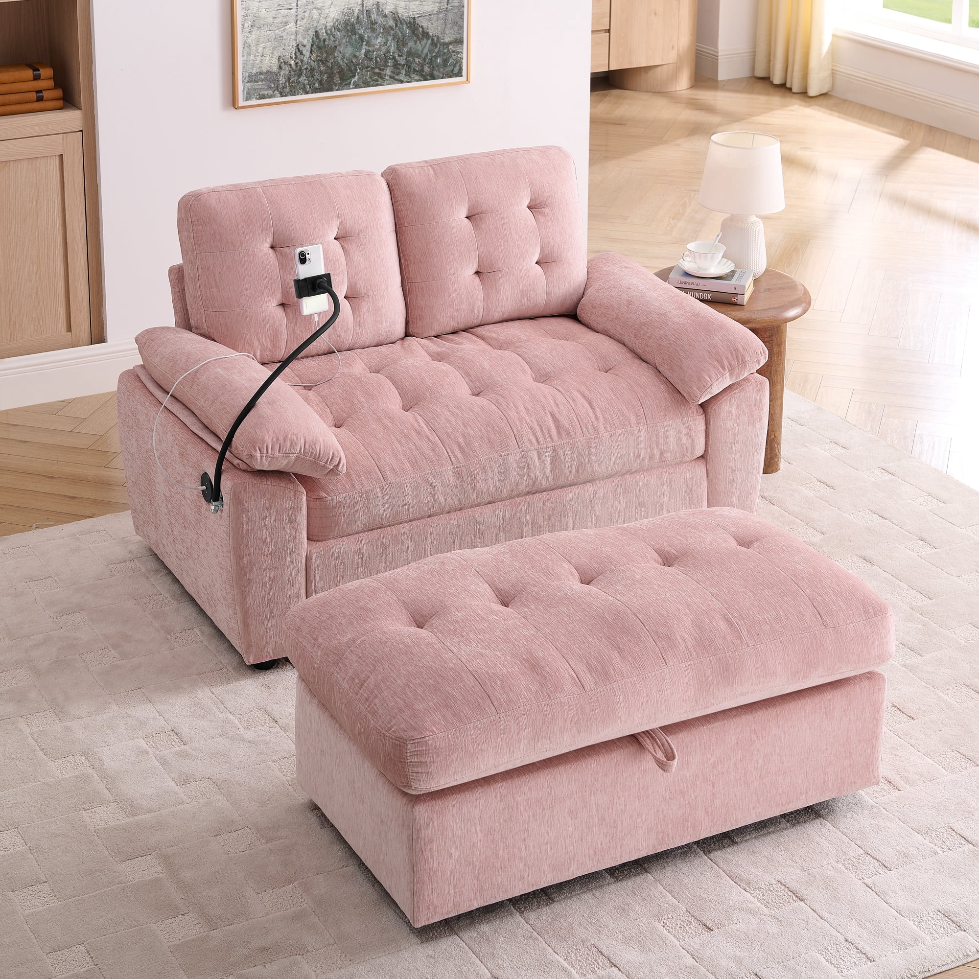 56" Loveseat Recliner with Adjustable Backrest, USB Charging Port, Phone Stand and Storage Ottoman