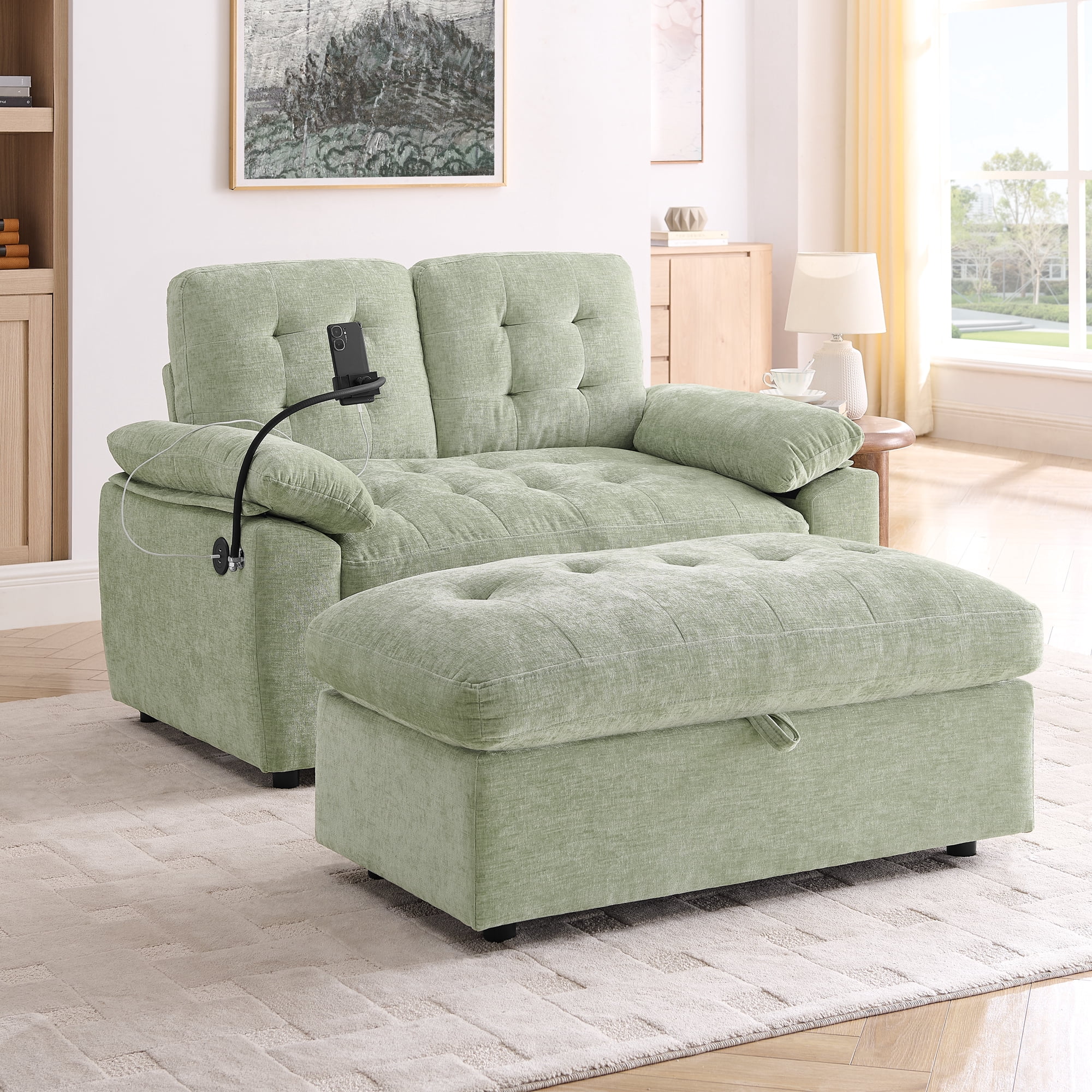 56" Loveseat Recliner with Adjustable Backrest, USB Charging Port, Phone Stand and Storage Ottoman
