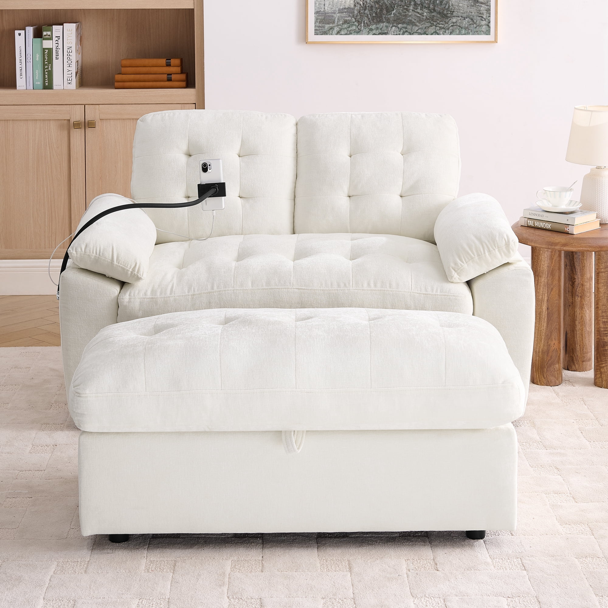 56" Loveseat Recliner with Adjustable Backrest, USB Charging Port, Phone Stand and Storage Ottoman