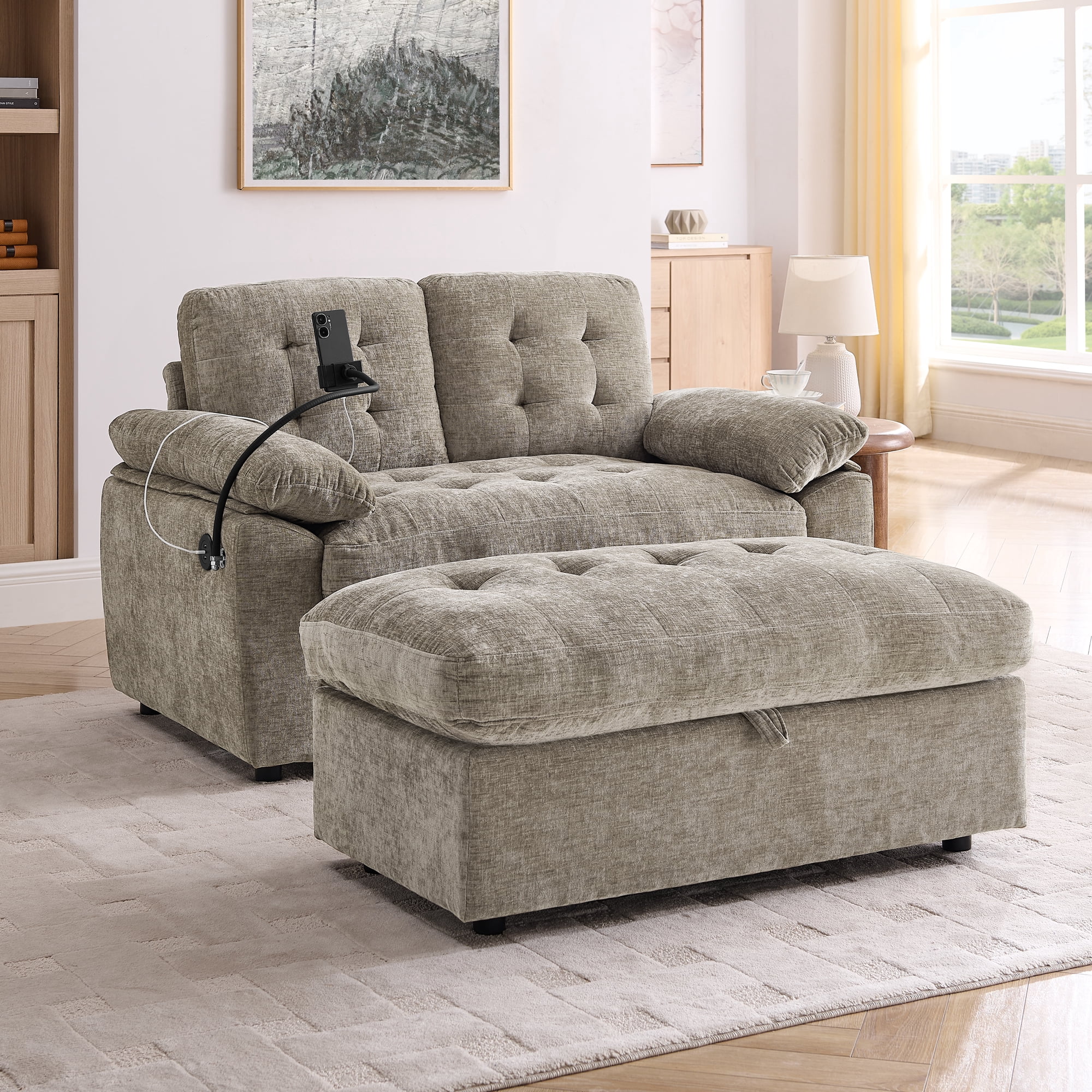 56" Loveseat Recliner with Adjustable Backrest, USB Charging Port, Phone Stand and Storage Ottoman
