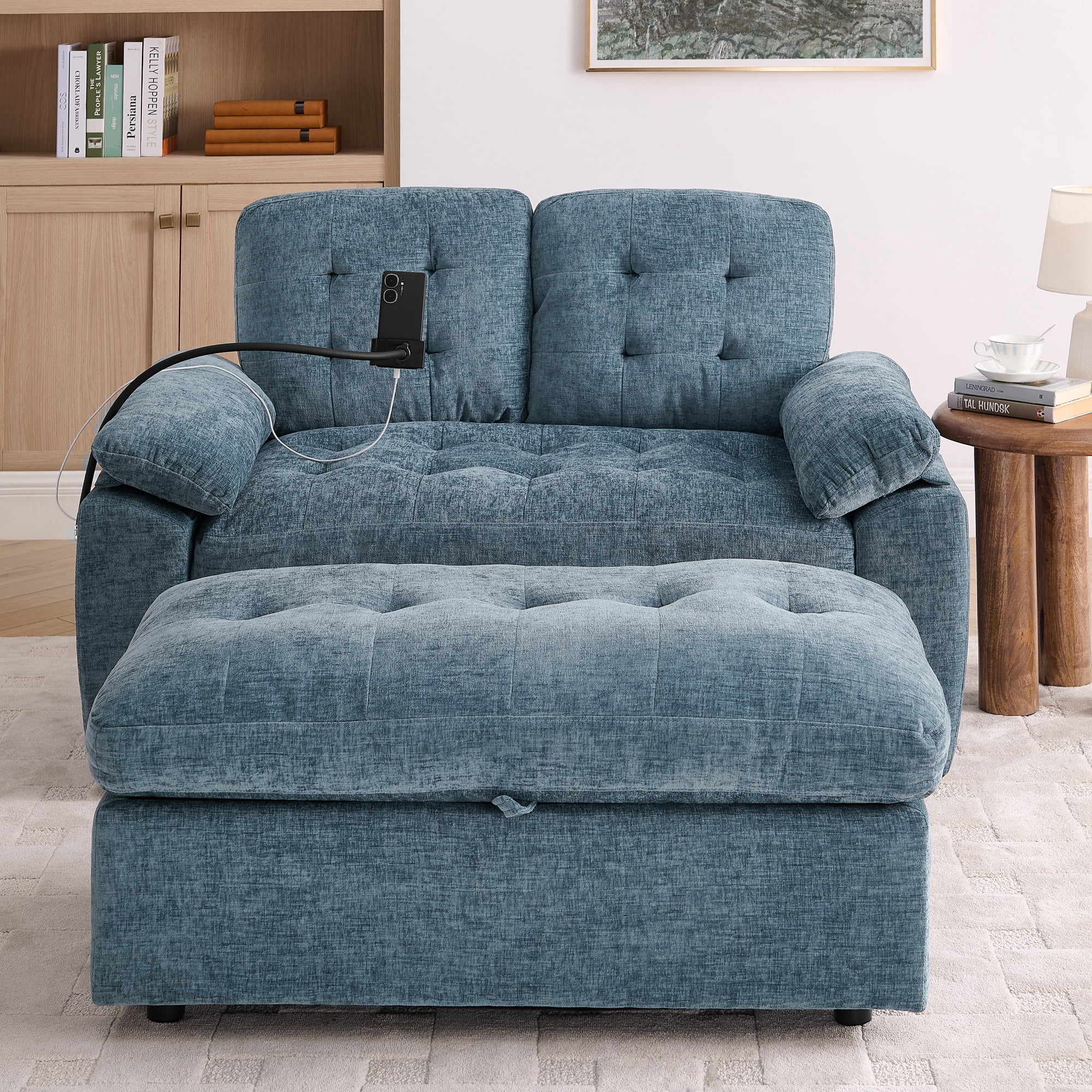 56" Loveseat Recliner with Adjustable Backrest, USB Charging Port, Phone Stand and Storage Ottoman