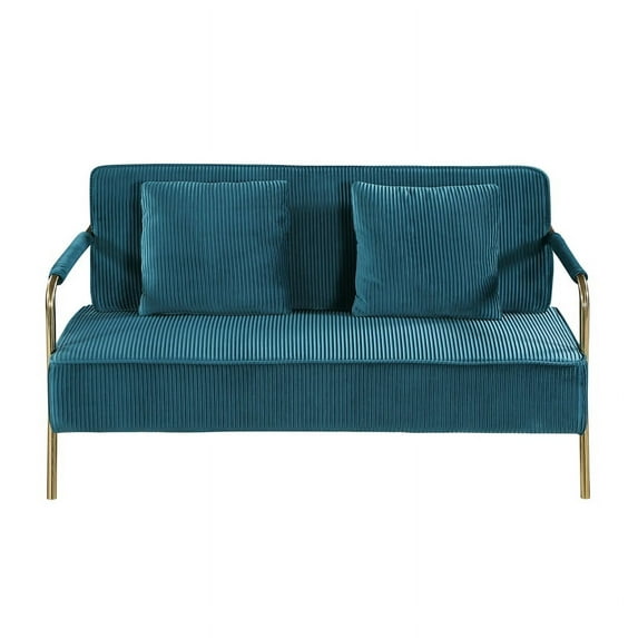 56" Loveseat Sofa, Modern Upholstered Pleated Velvet Loveseat with 2 Throw Pillows and Gold Metal Legs Comfy 2 Seater Small Sofa Couch for Living Room Apartment Small Spaces, Teal