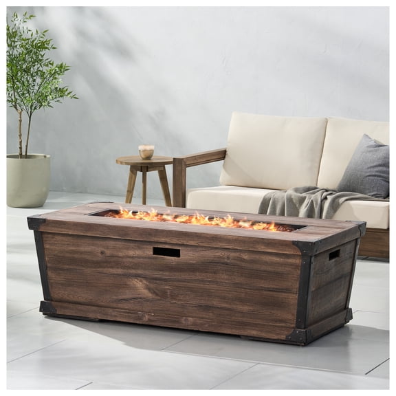 56" Outdoor Patio Rectangular Concrete Gas Fire Pit, 50,000 BTU, Brown Wood Pattern Finish, Modern Durable Fireplace