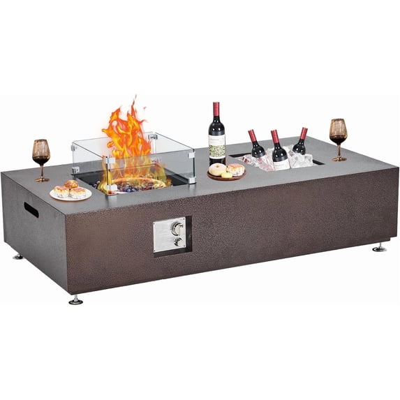 56" Outdoor Propane Fire Pit Table, 50,000 BTU Steel Fire Pit with Wind Guard & Waterproof Cover, Convertible to Dining Table for Patio, Deck, Backyard, Bronze