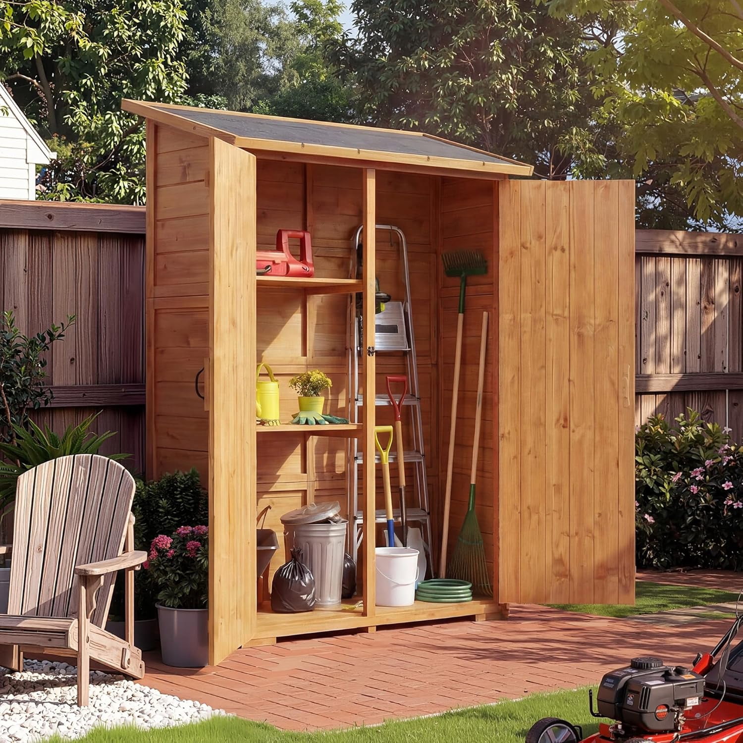 56" Outdoor Storage Shed, Large Wooden Garden Shed with Waterproof Asphalt Roof, Lockable Double Doors & 2 Removable Shelves,Wooden Tool Organizer for Backyard & Patio, Natural Fir Wood