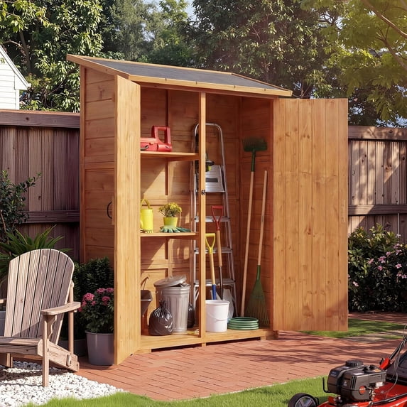 56" Outdoor Storage Shed, Large Wooden Garden Shed with Waterproof Asphalt Roof, Lockable Double Doors & 2 Removable Shelves,Wooden Tool Organizer for Backyard & Patio, Natural Fir Wood
