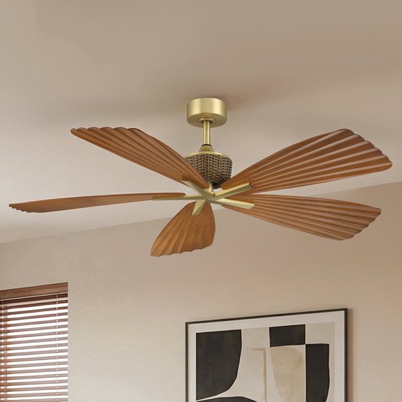 56" Outdoor IP66 Waterproof Tropical Palm Leaf Ceiling Fan with Remote, 6-Speed DC Reversible Motor, No Light, Brown ABS Blades