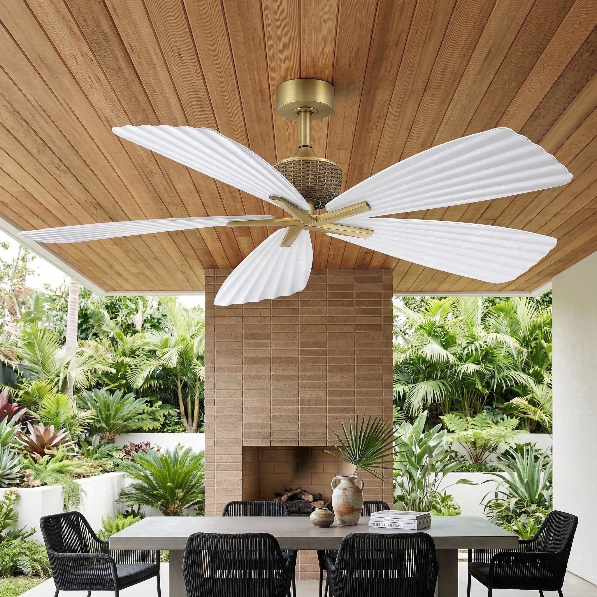 Parrot Uncle 56" Outdoor IP66 Waterproof Tropical Palm Leaf Ceiling Fan with Remote Control, 6-Speed DC Motor, No Light, White ABS Blades