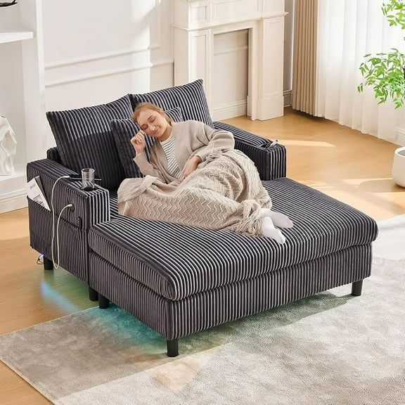 56'' Oversized Chaise Lounge Chair Indoor, Comfy Corduroy Chaise Sofa Recliner Bed Upholstered Sleeper Couch Bed with USB Charging, LED, Cup Holder, Side Pocket for Living Room (Dark Grey)