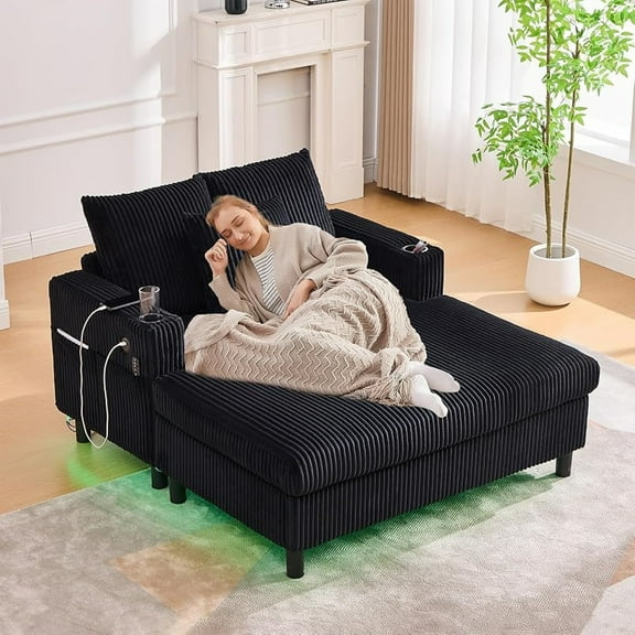 56'' Oversized Chaise Lounge Chair Indoor, Comfy Corduroy Chaise Sofa Recliner Bed Upholstered Sleeper Couch Bed with USB Charging, LED, Cup Holder, Side Pocket for Living Room (Black)