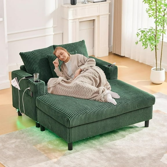 56'' Oversized Chaise Lounge Chair Indoor, Comfy Corduroy Chaise Sofa Recliner Bed Upholstered Sleeper Couch Bed with USB Charging, LED, Cup Holder, Side Pocket for Living Room (Emerald)