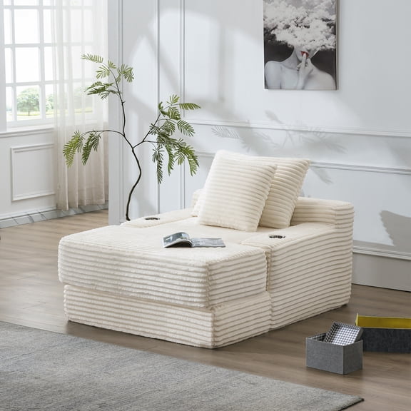 56" Oversized Chaise Lounge Chair, Modern White Corduroy Deep Seat Sofa Bed with Wide Armrests and Pillow, No Assembly Required, Sleeper Couch for Living Room, Bedroom, Home Office