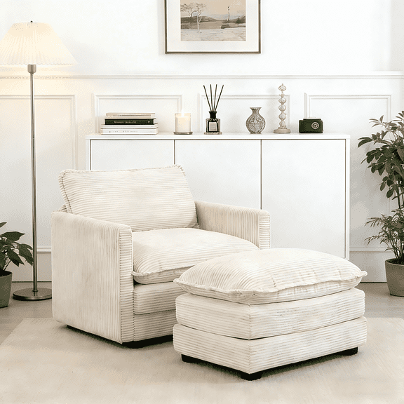 LOYALICE 56" Oversized Modular Corduroy Accent Chair & Ottoman Set, Deep Seat Upholstered Sofa, Comfy Small Space Furniture for Living Room, Beige
