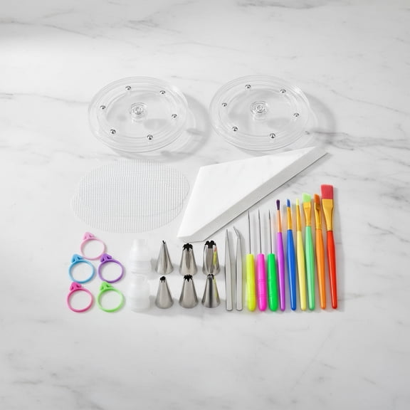 56 PCS Cookie Decorating Kit Including Acrylic Turntable, Decoration Brushes, Scribe Needle, Piping Bags, Icing Tips for Cookie Cupcake Cake Decorations