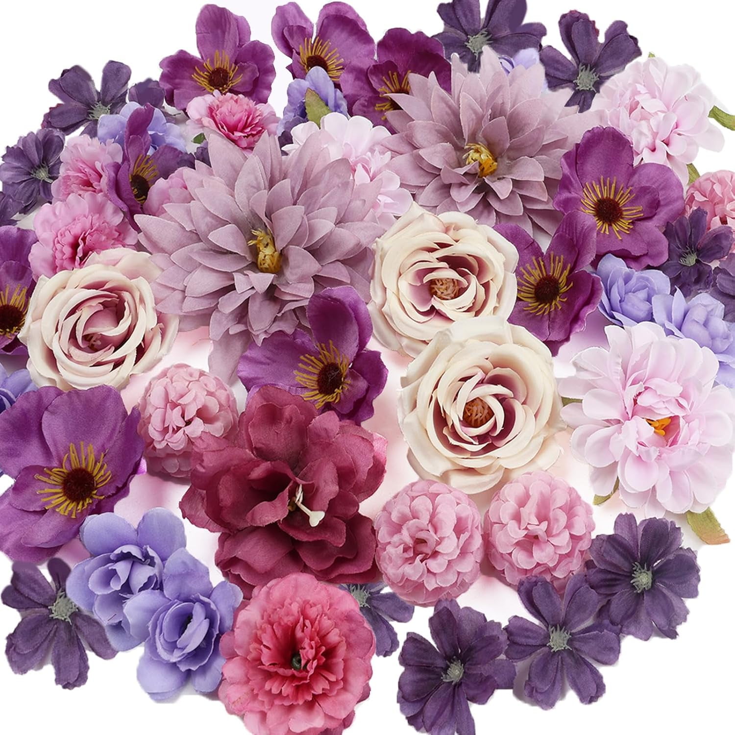 56 PCS Fake Flowers Heads Artificial Purple Silk Flower Heads Bulk Faux ...