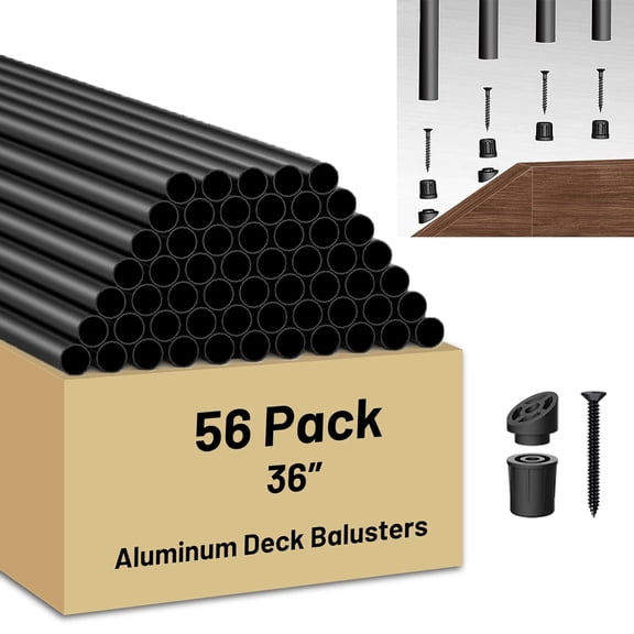 56 Pack 36 inch Aluminum Balusters for Deck Railing,Black Round Metal Spindles for Staircase,3/4" Diameter Hollow Deck Ballasters with Screws and Connectors for Railing Fencing Porch Stair Spindles