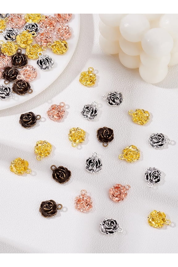 56 Pcs 4 Colors Tibetan Style Alloy Rose Pendants Vintage Chic Rose Charms Tibetan Flower Shape Charms Mixed Color