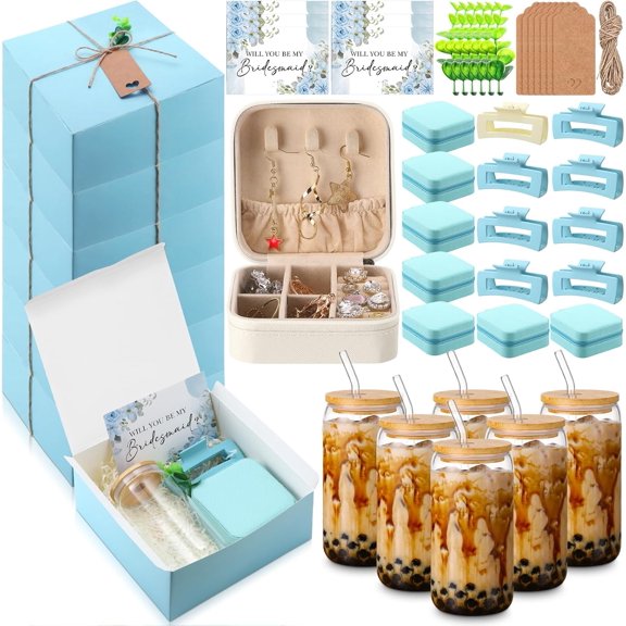 56 Pcs 8 Set Bridesmaid Proposal Gift Set, 15 oz Glass Cup, Box, Square Clips, Will You Be My Bridesmaid Invitation Card Gift Box for Bridal Shower Bachelorette Party(Classic,Blue)