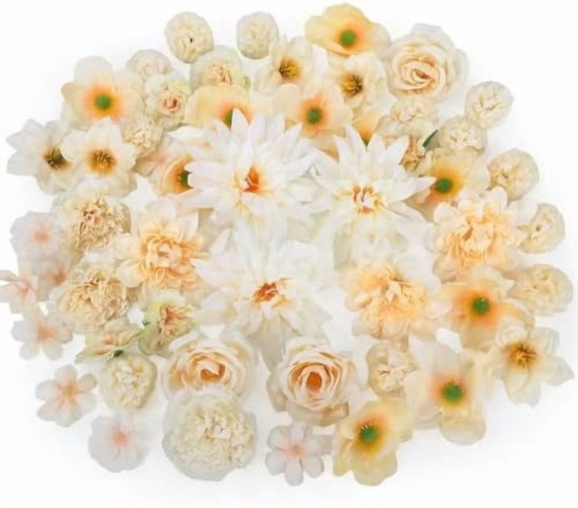 56 Pcs Champagne Artificial Flower Bulk, Fake Flower Heads for Crafts - Faux Mini Fabric Rose Daisy Hydrangea Carnation Mix for DIY Wedding Bouquets Garland Hair Cap Cake Party Home Decoration