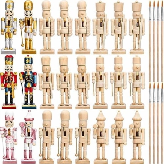 56 Pcs Christmas Nutcracker Craft Kit Includes 24 Wooden Nutcrackers Unpainted 24 White Beards and 8 Paint Brushes Blank Unfinished Soldier Ornaments for DIY Craft Xmas Decor Family Gifts