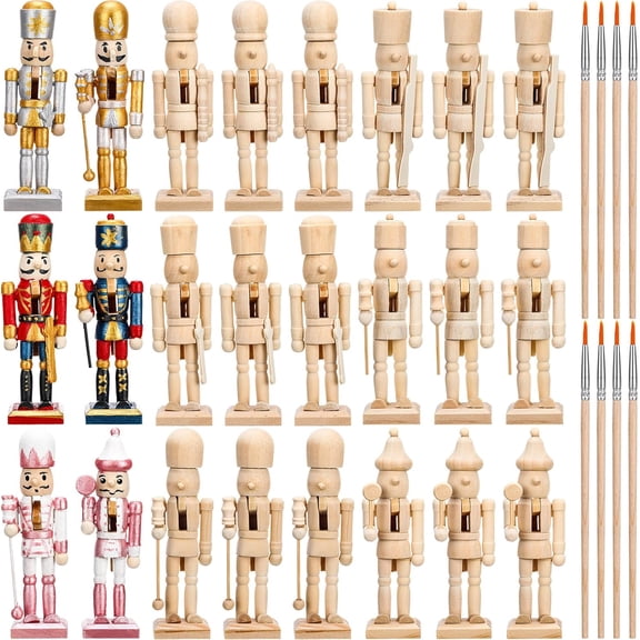 56 Pcs Christmas Nutcracker Craft Kit Includes 24 Wooden Nutcrackers Unpainted 24 White Beards and 8 Paint Brushes Blank Unfinished Soldier for DIY Craft Xmas Decor