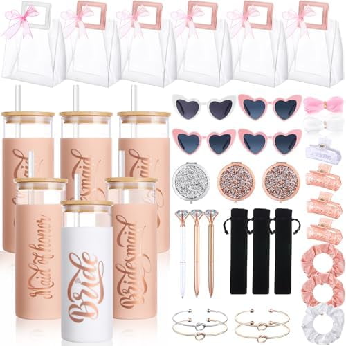 56 Pcs Pink Bridesmaids Proposal Gifts Includes Wedding Bridesmaid Tumblers with Lids and Straw Pen Bags Sunglasses Hair Scrunchies Mirrors Knotted Bracelet Claw Clips PVC Bags Ribbons Party