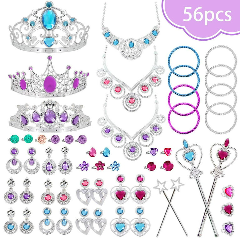 56 Pcs Princess Jewelry Toys, Princess Pretend Play Set Girl's Jewelry Toys  Crown Wand Necklace Bracelet Rings Earrings Princess Dress up Birthday