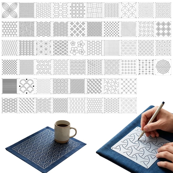 56 Pcs Sashiko Templates Reusable PET Geometric Sashiko Stencils Embroidery Pattern Stabilizers Drawing Line Quilting Templates for Hand Quilting Sewing