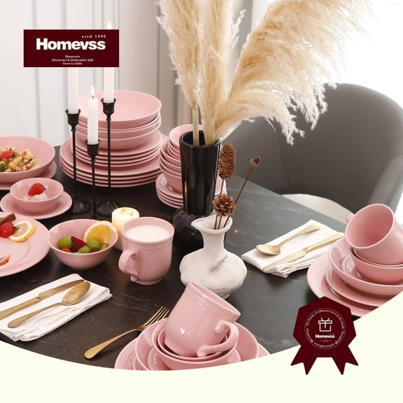 56-Piece Ceramic Dinnerware Set for 8, Stoneware Dish Set, Microwave and Dishwasher Safe,  Pearl Dots Collection, Pink