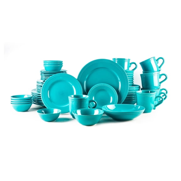 56-Piece Ceramic Dinnerware Set for 8, Stoneware Dish Set, Microwave and Dishwasher Safe,  Pearl Dots Collection, Turquoise