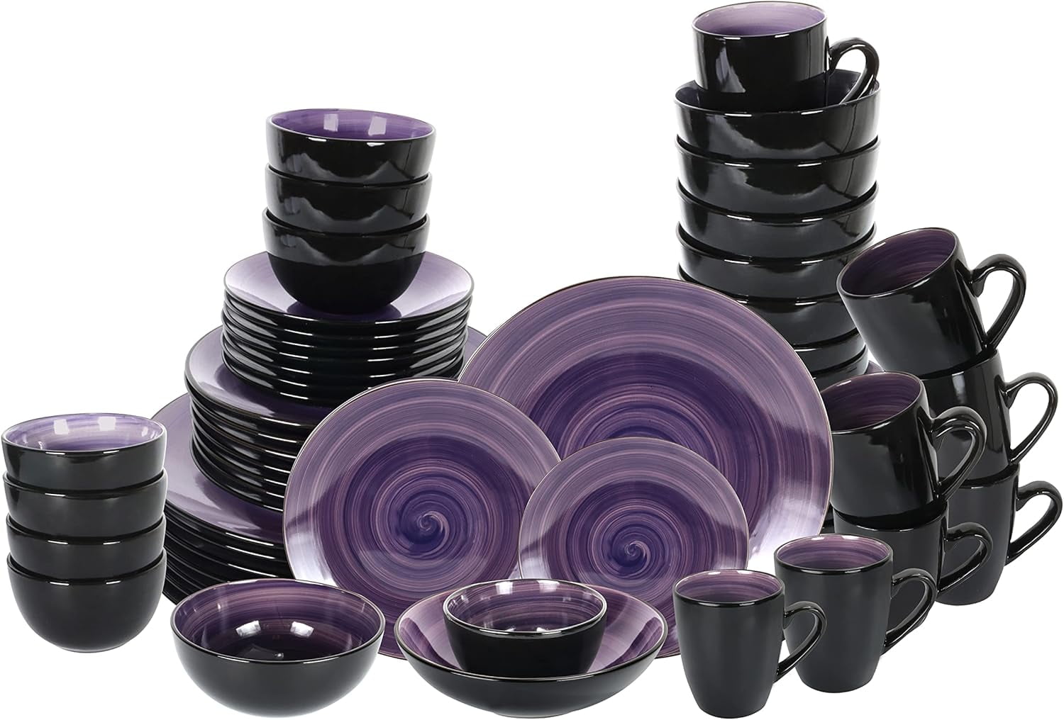 56-Piece Dinnerware Set Serves 4, Black and Speckled Purple