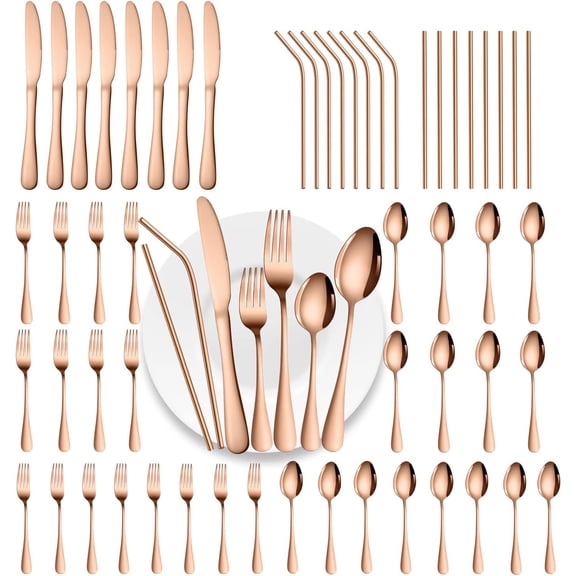 56-Piece Rose Gold Mirror Finish Stainless Steel Flatware Set for 8