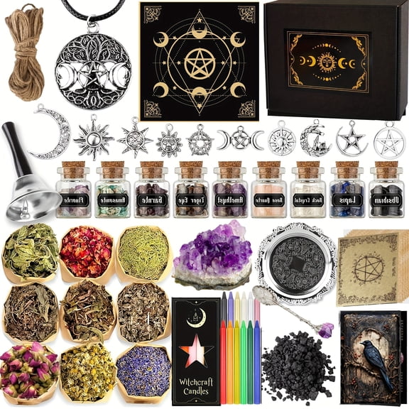 56-Piece Spiritual Crystal Kit with Amethyst Stones, Candles & Meditation Ritual Set
