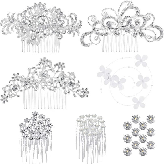 56 Pieces Wedding Bridal Hair Accessories Including Crystal Faux Pearl Comb Rhinestone Hair Pins Clips U-shaped Faux Flower Spiral Hair Clips for Bride Bridesmaid (White)