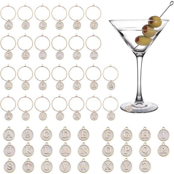 56 Pieces Wine Charms Drink Alphabet Markers for Stem Glasses Cup Tags with Hanging Rings Letters Markers for DIY Decorations and Wine Party (White)