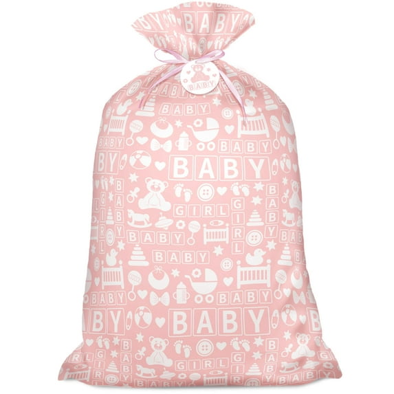 56" Pink Jumbo Plastic BDF32 Gift Bag, Baby Girl Design Extra Large Plastic Bag with Tag and Tie for Birthday, Baby Shower and Holiday