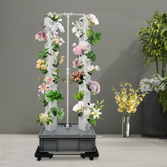 56-Plant Hydroponic Tower Growing System, Smart Vertical Garden Planter with Pump & Wheels, Indoor Outdoor Germination Kit, Intelligent Water Circulation + Timer, Grey Base