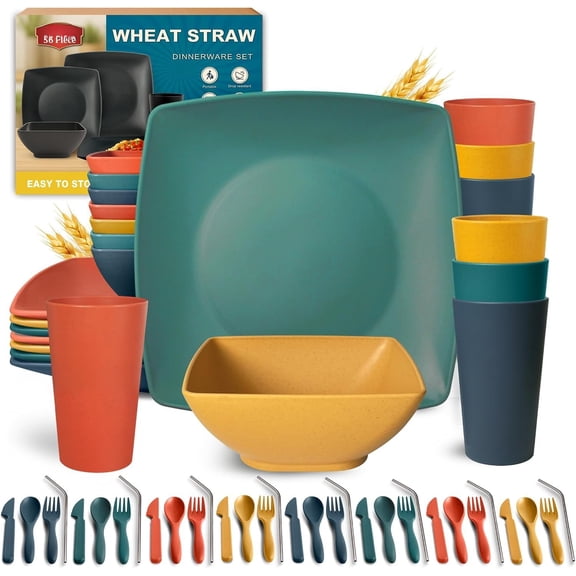 56- Plastic Wheat Straw Square Dinnerware Set for 8, Unbreakable Dinner Plates, Snack Bowls, Tumblers 13.5 oz, With Flatware,Dishwasher Safe, Outdoor Camping RV Dish, Autumn Multicolor