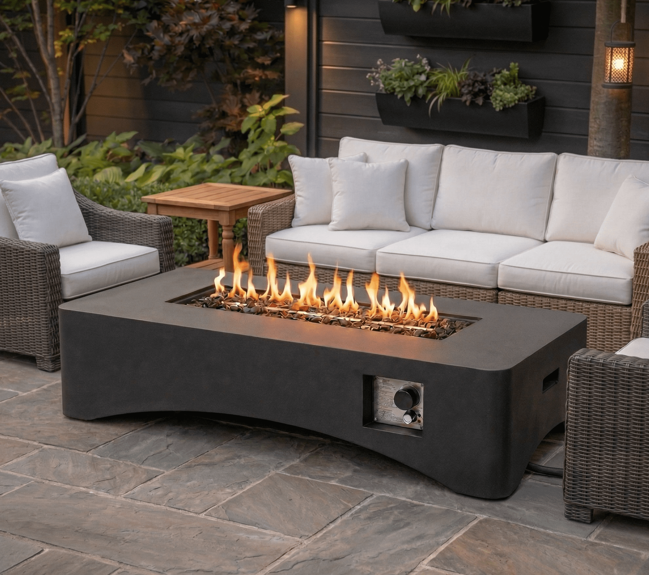 56" Propane Fire Pit Table, 50,000 BTU Outdoor Gas Fireplace, Rectangular Lightweight Concrete Fire Table with Waterproof Cover, Tank Seat & Lava Rocks, Modern Gray Patio Heater for Backyard & Deck