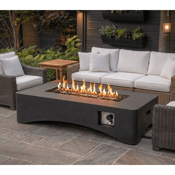 56" Propane Fire Pit Table, 50,000 BTU Outdoor Gas Fireplace, Rectangular Lightweight Concrete Fire Table with Waterproof Cover, Tank Seat & Lava Rocks, Modern Gray Patio Heater for Backyard & Deck