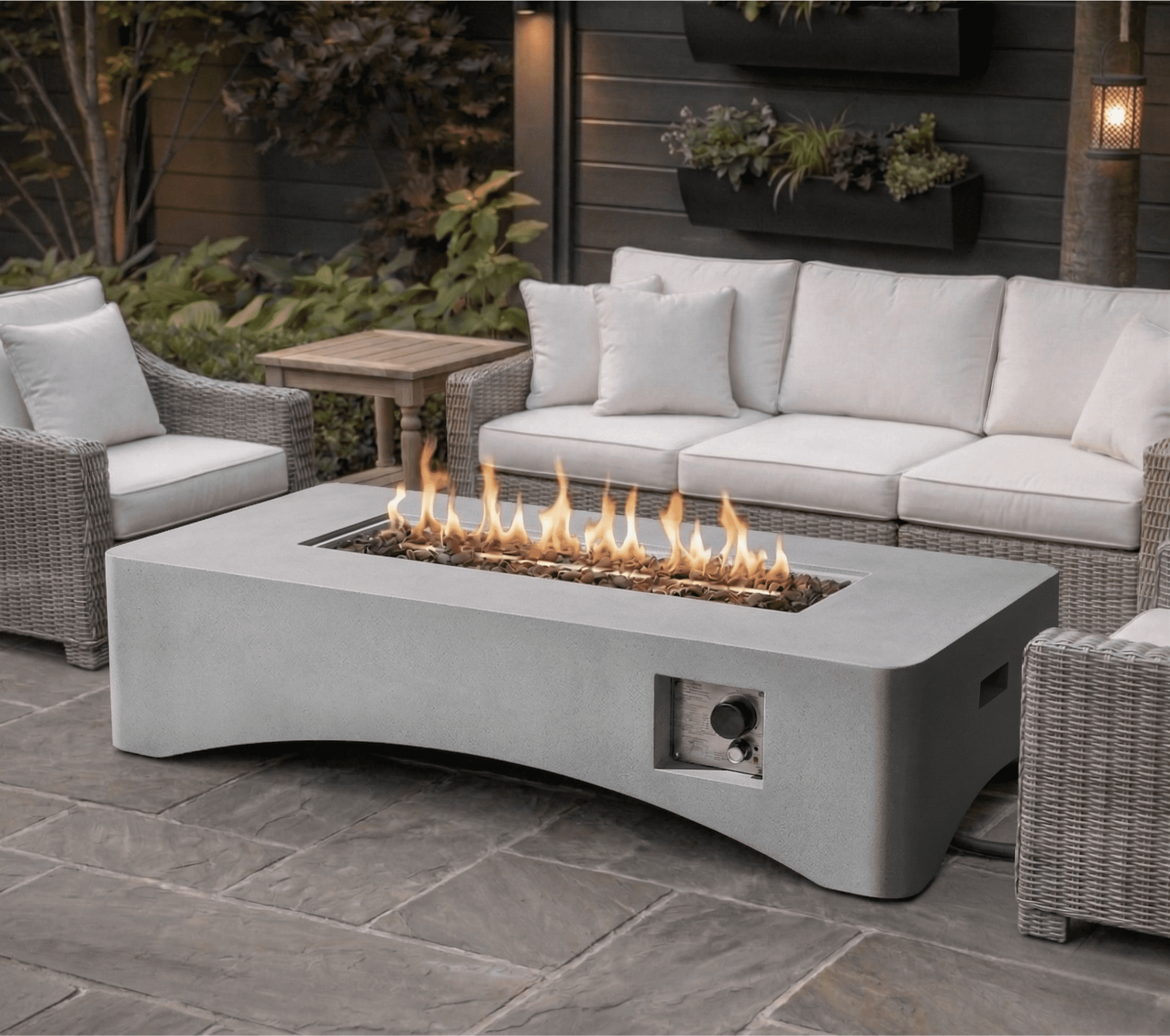 56" Propane Fire Pit Table, 50,000 BTU Outdoor Gas Fireplace, Rectangular Lightweight Concrete Fire Table with Waterproof Cover, Tank Seat & Lava Rocks, Modern Gray Patio Heater for Backyard & Deck