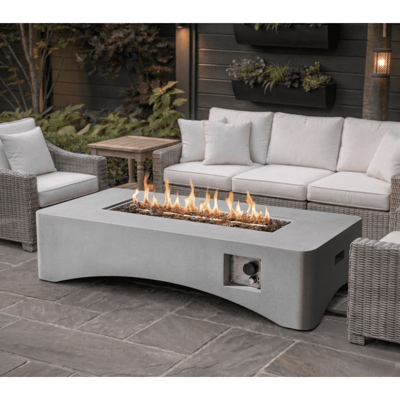 56" Propane Fire Pit Table, 50,000 BTU Outdoor Gas Fireplace, Rectangular Lightweight Concrete Fire Table with Waterproof Cover, Tank Seat & Lava Rocks, Modern Gray Patio Heater for Backyard & Deck