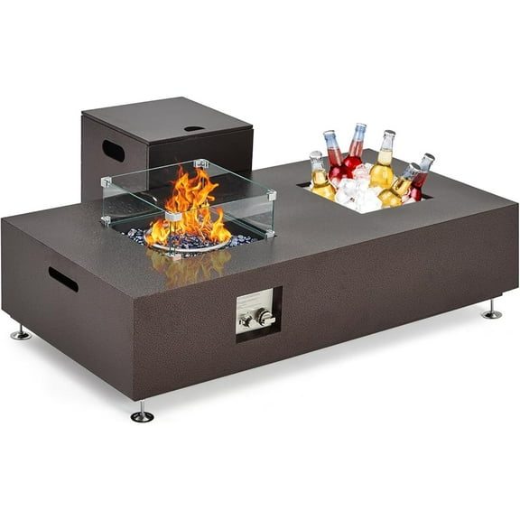56 in Propane Fire Pit Table with Ice Bucket,50000BTU Fire Table with 13 in Square Drink Ice Bucket Wind Guard, Fire Glass Beads & CSA Safety Certified Outdoor Firepit for Patio Garden