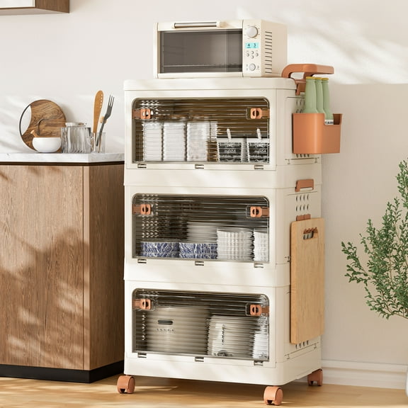 56 QT Large Foldable Storage Box With Lids, Plastic Storage Cabinet Container With Wheels For Clothes Snacks Toys Books For Closet Bathroom Home Office Dorm