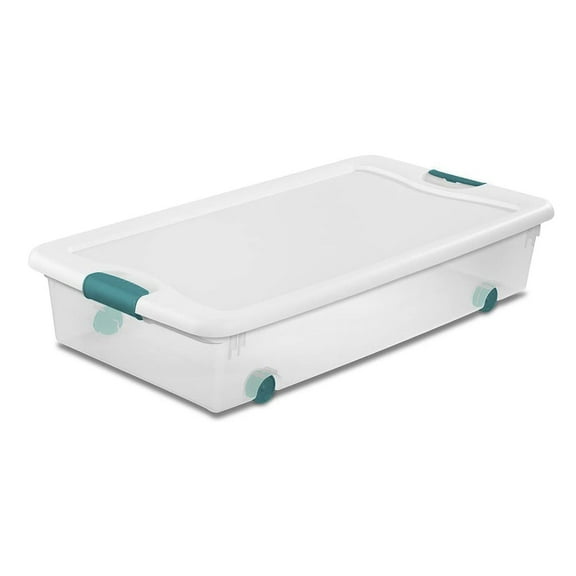 Common 56 Qt Wheeled Latching Storage Box - Plastic, Stackable - 8 Pack, Clear/White Lid