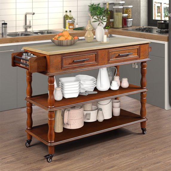 56'' Rolling Kitchen Island With Storage, 2-sided Kitchen Island Cart On Wheels With 2 Drawers, Wine And Spice Rack, Large Kitchen Cart For Home Kitchen Dining Room