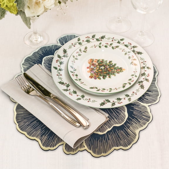 56 STORE 3pcs black Floral Round Placemats Set of 3 - 15x15 Inch Metallic Shiny Vinyl Placemats, Reusable Dining Table Mats for Wedding, Banquet, Birthday, Party, Restaurant Decor