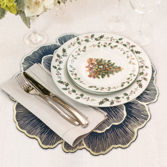 56 STORE 3pcs black Floral Round Placemats Set of 3 - 15x15 Inch Metallic Shiny Vinyl Placemats, Reusable Dining Table Mats for Wedding, Banquet, Birthday, Party, Restaurant Decor