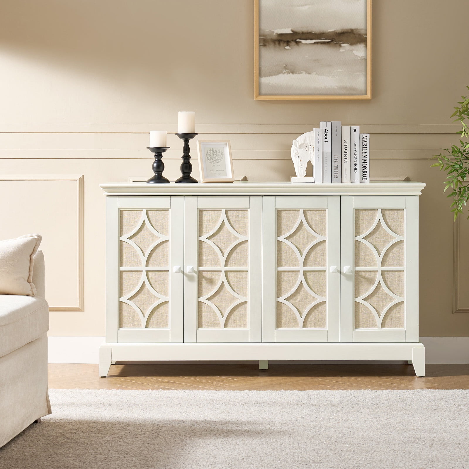 56 Sideboard Storage Cabinet 4 Doors Farmhouse Credenza Wood Living Room White